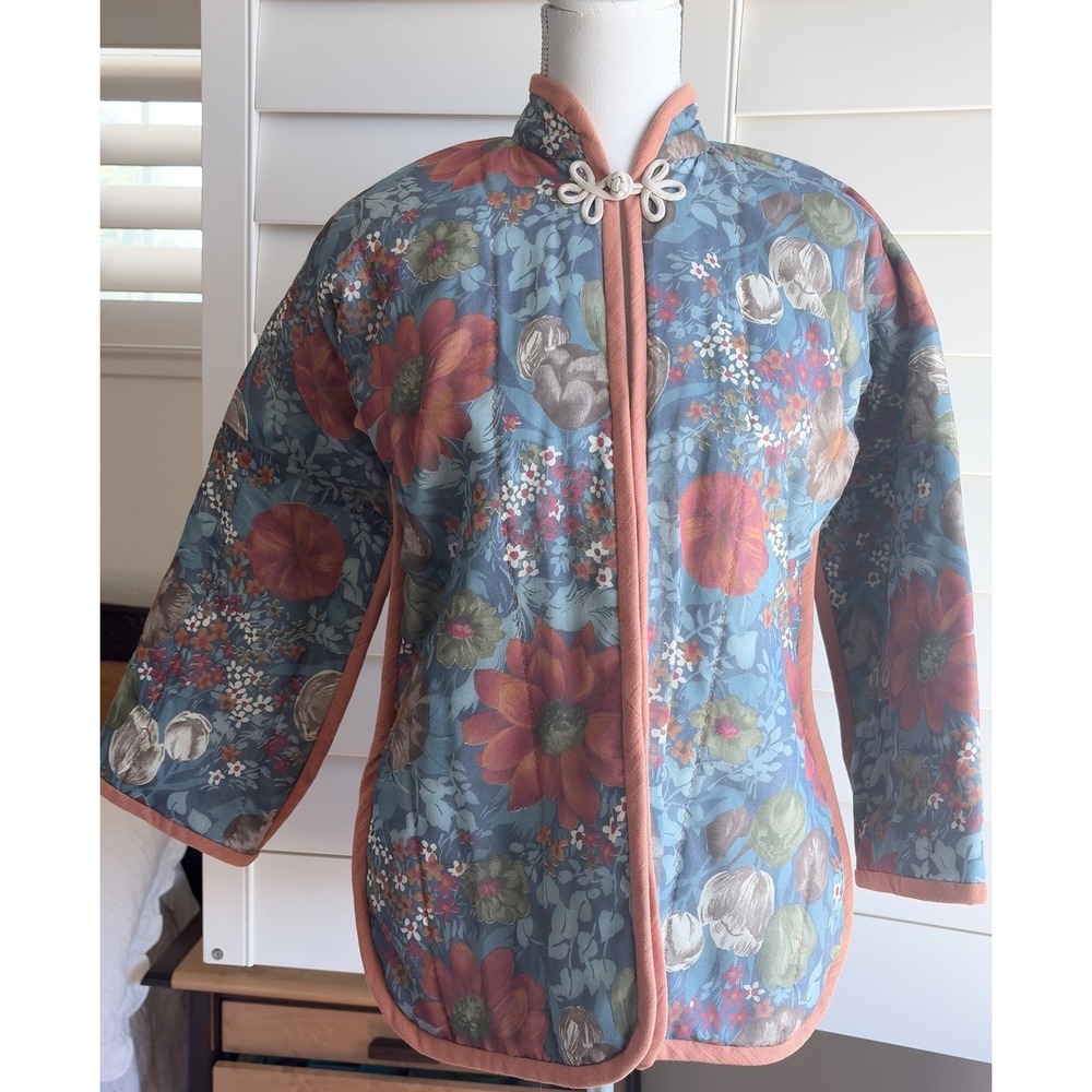 Boho Quilted Jacket Women S Handmade Coat Mandarin Collar Blue Orange Floral